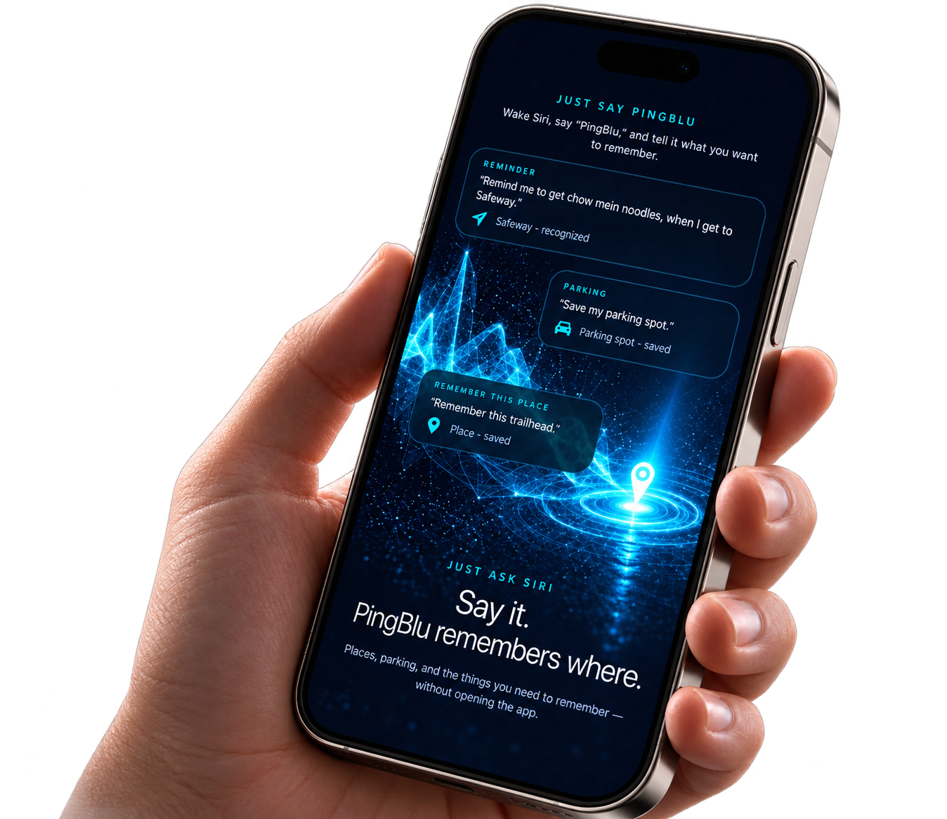 Hand holding an iPhone using PingBlu with Siri
